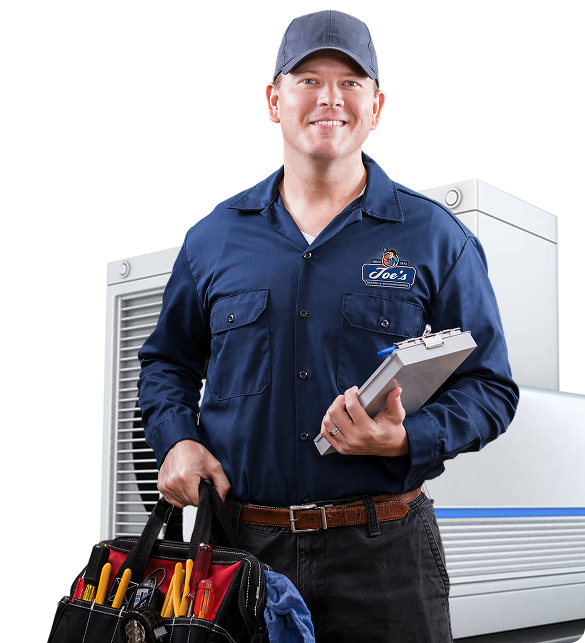 Smiling Joe's Heating HVAC technician holding clipboard and tool bag.
