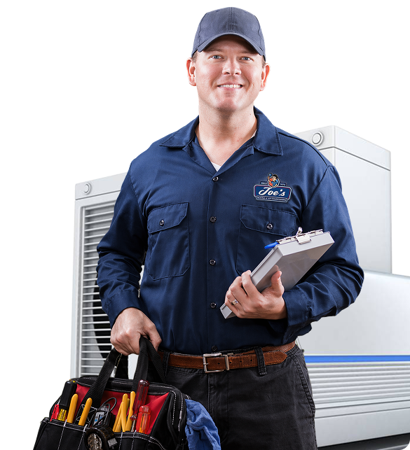 Smiling Joe's Heating HVAC technician holding clipboard and tool bag.