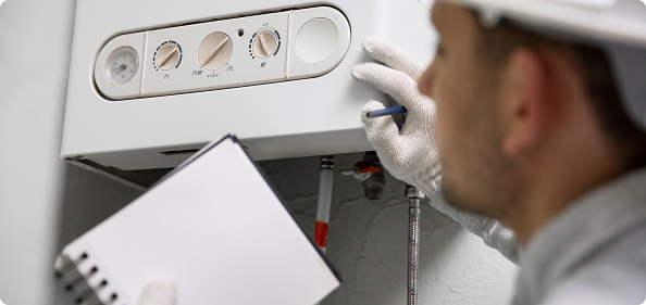 Close-up of an HVAC technician inspecting a water heater unit with a notebook in his hand.