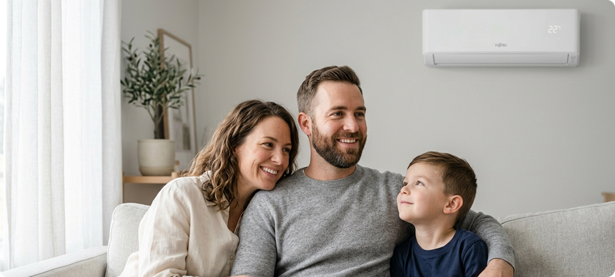 Happy family enjoying fresh air conditioning