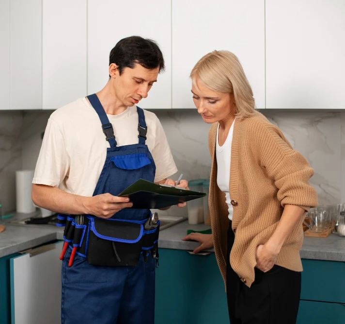 Technician inspecting a boiler with homeowner nearby or talking about boiler