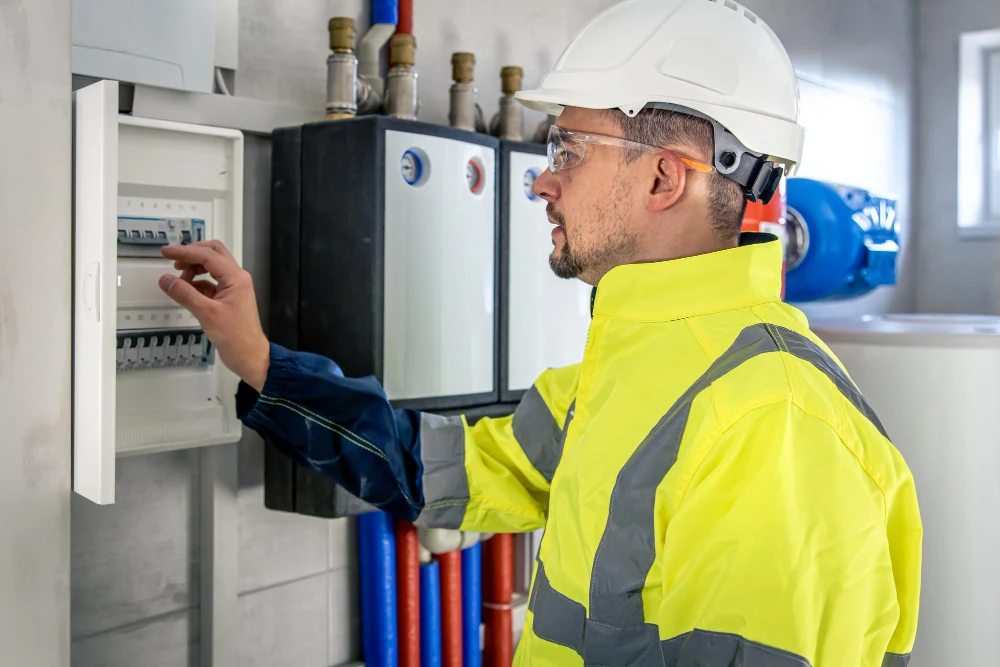 Technician repairing or inspecting a boiler system