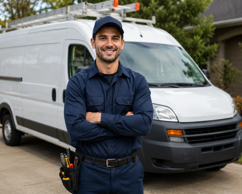 HVAC tech smiling at customer