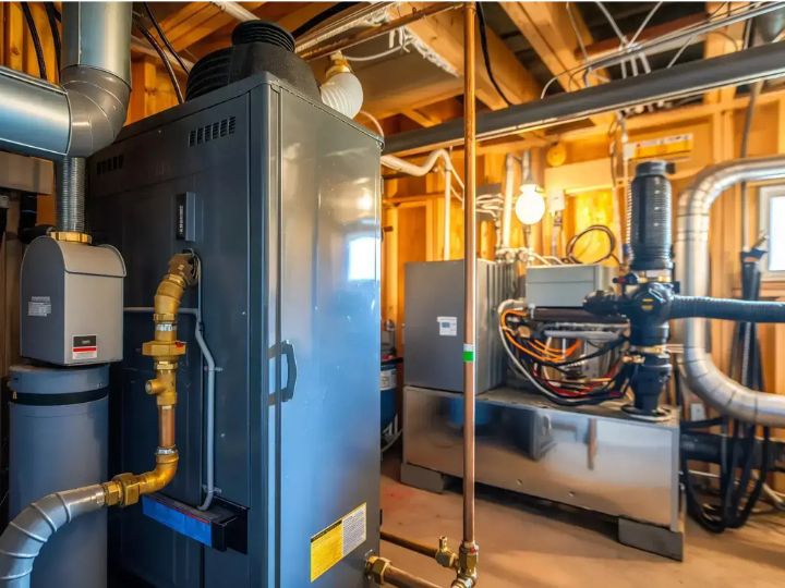 A basement or utility room with a new grey furnace unit with copper pipes and ductwork.
