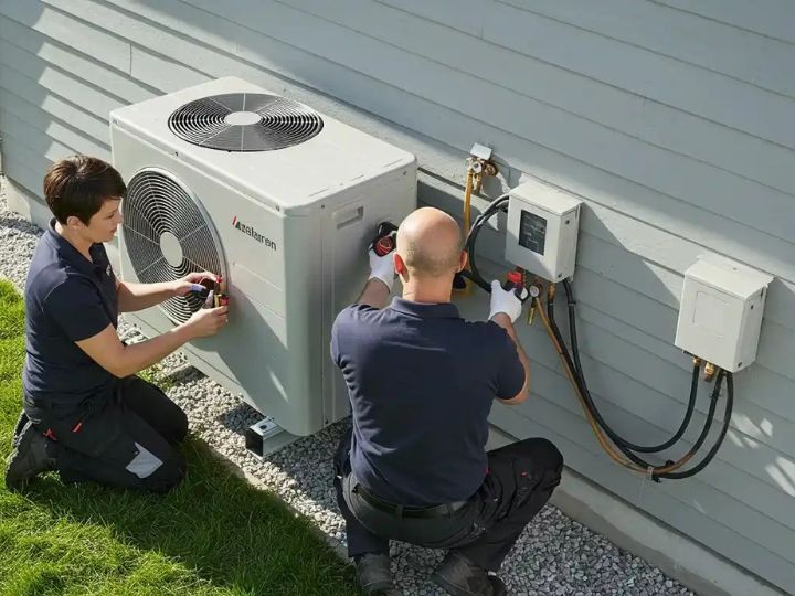 HVAC techs working on a heat pump