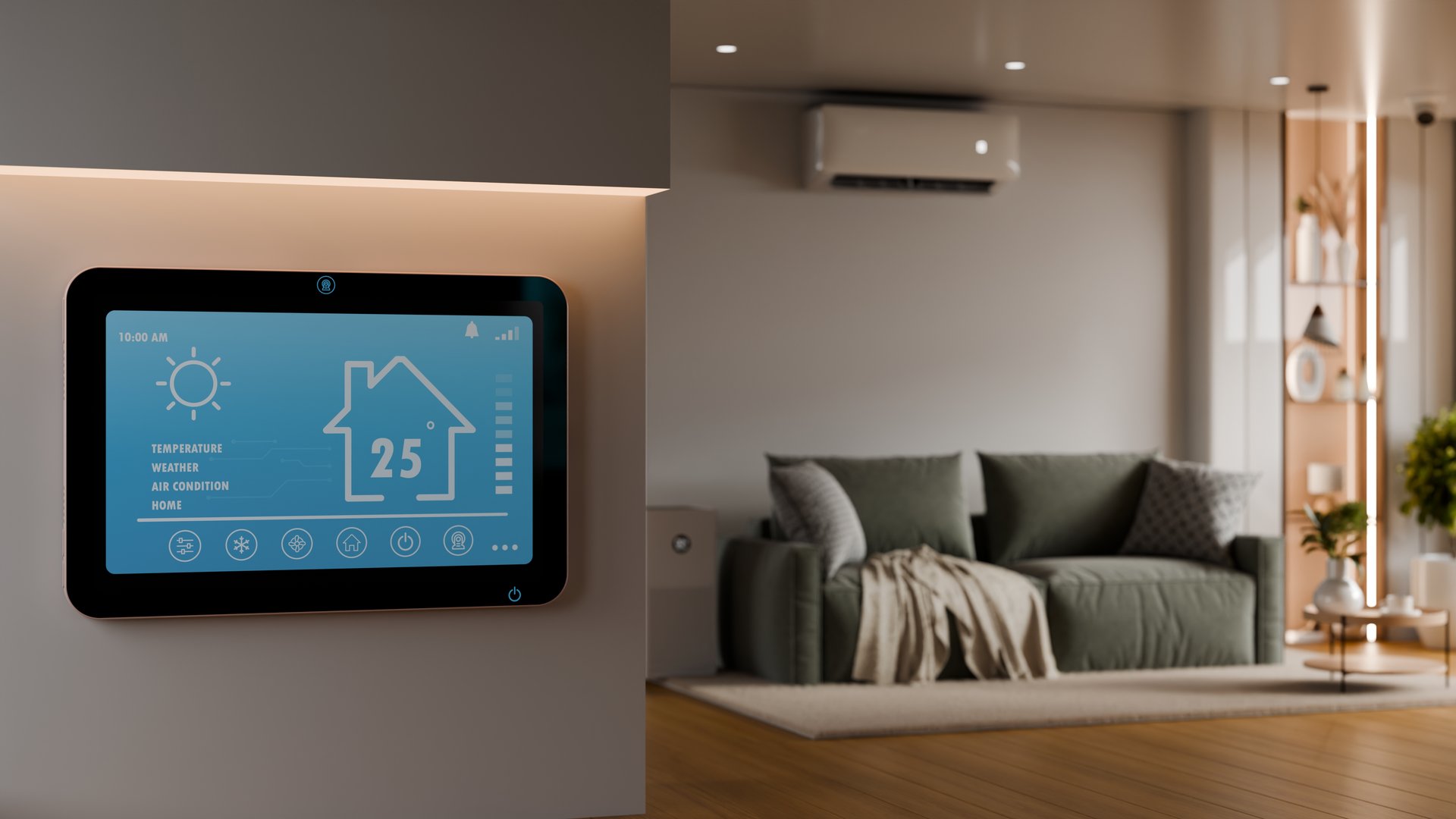 Smart home control panel in the living room, with a backdrop of a couch